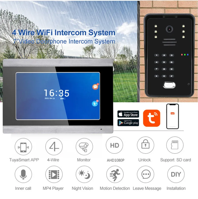 tuya video intercom wifi rfid video door phone system home intercom with 7inch touch lcd support remote app unlocking recording free global shipping
