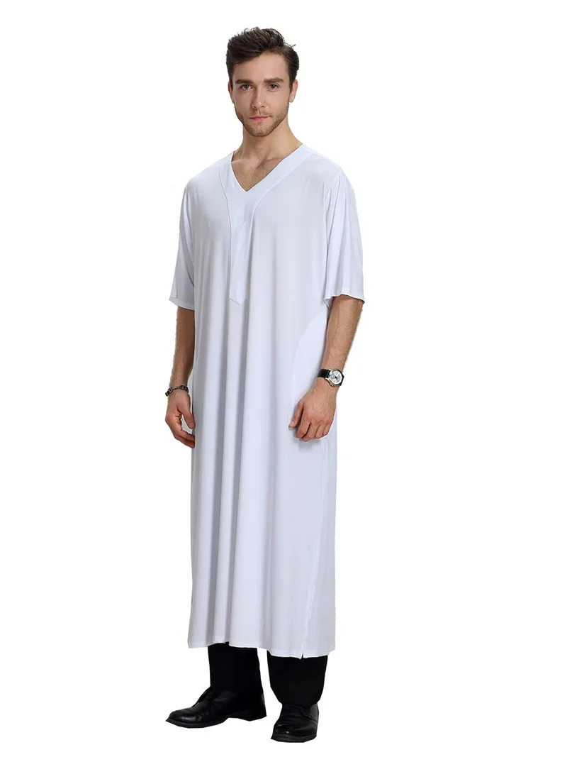 Abaya for Men Musulman Men's Dress Pakistan Mens Clothing Short Sleeve Qamis Homme V Neck Muslim Shirt Kleding Mannen XL
