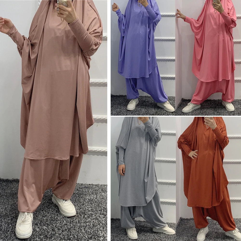 ИД мусульманская женская длинная одежда с капюшоном Khimar Paryer комплект из 2 предметов абайя Платье Брюки полное покрытие мусульманская одежд...
