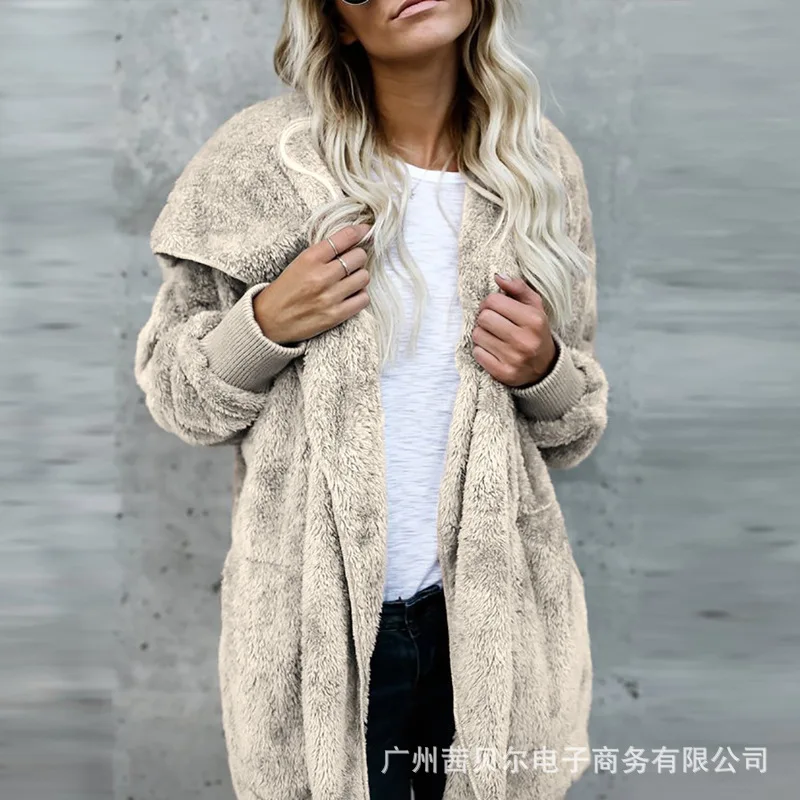 

Женское пальто с длинным рукавом, флисовое свободное облегающее Теплое повседневное модное однотонное худи с круглым вырезом и манжетами с...