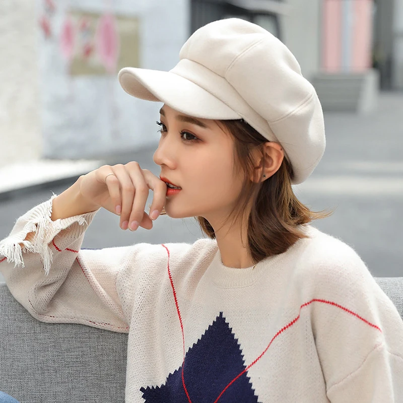 Модный шерстяной однотонный берет для женщин осенне-зимняя восьмиугольная кепка