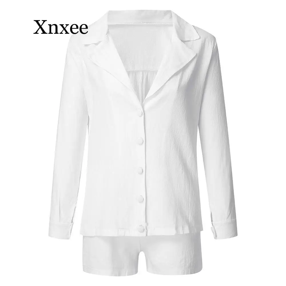 

office Women Slim Summer Cotton Lapel Button Temperament Suit female solid fashion new office lady buttons white 2 pieces set