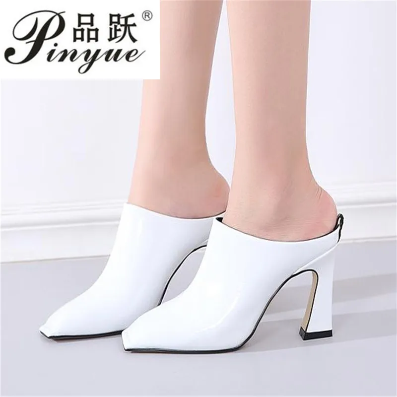 

Туфли европейские на высоком каблуке, сланцы, квадратный носок, лакированная кожа, сланцы, летняя обувь, шлепанцы