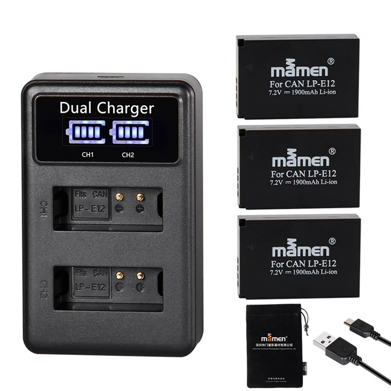 Mamen 3 шт. 1900 мАч LP E12 LPE12 аккумуляторная батарея для цифровой камеры + ЖК Зарядное