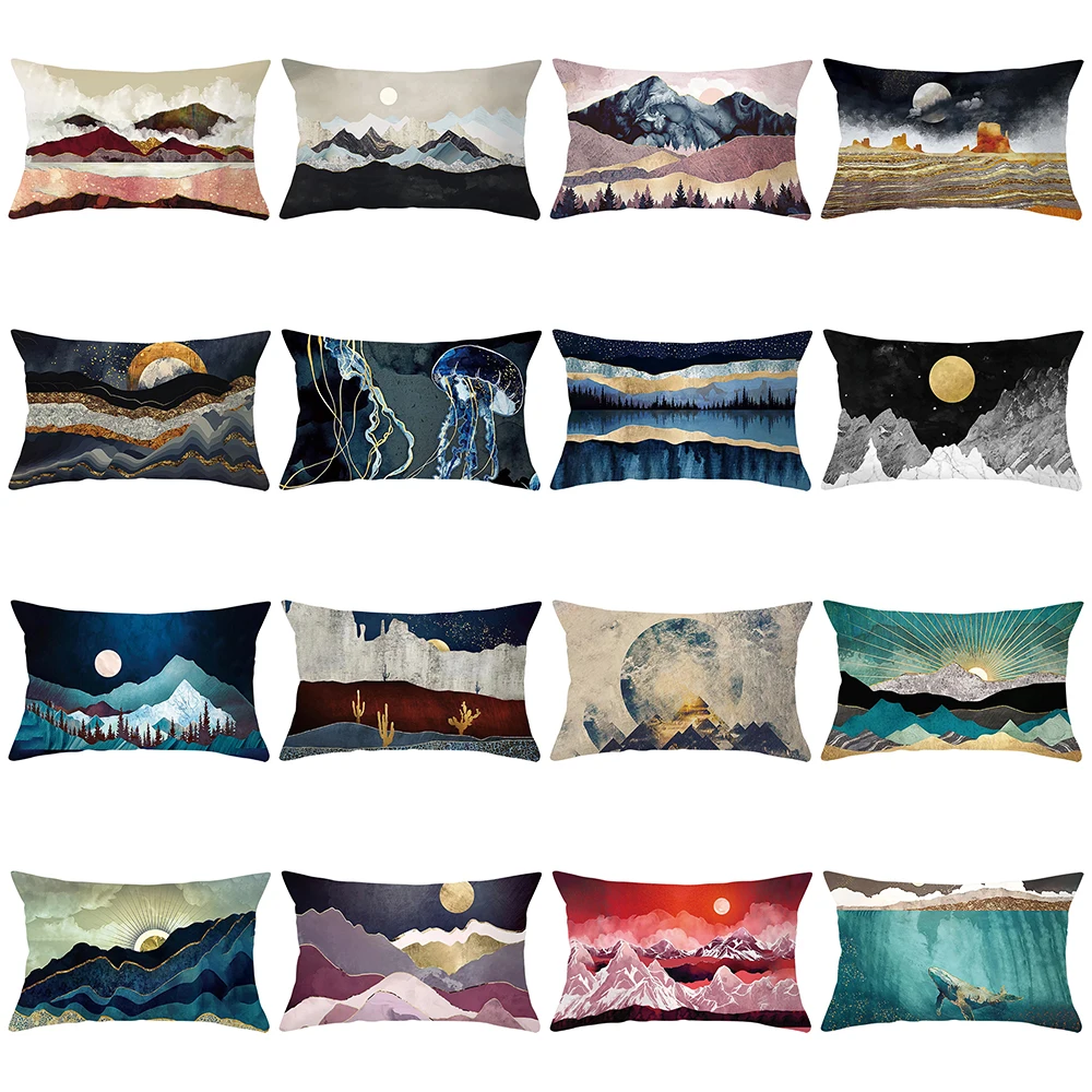 

Geometric Mountain Cushions Cover Polyester Sun Whale Jellyfish Pillow Case For Home Sofa Abstract Scenery Throw Pillows Covers