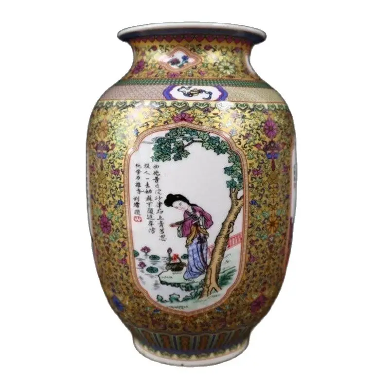 Chinese Old Porcelain Enamel Color Lady Pattern Winter Melon Type Vase