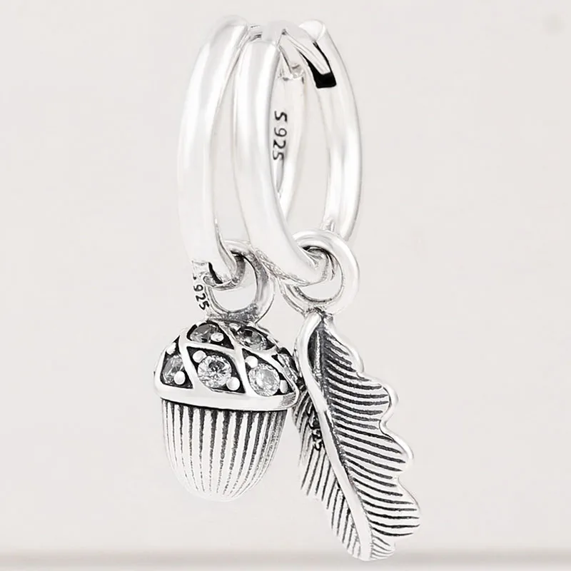 

Original 925 Sterling Silver Pan Earring Shiny Silver Acorn & Deciduous Earrings For Women Wedding Gift Fashion Jewelry
