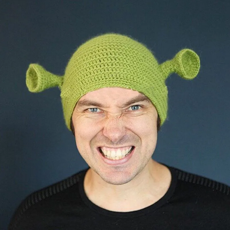 

Unisex Monster Shrek Hat Wool Winter Knitted Hats Green Party Funny Beanie Skullies Cap for Women Men Pure Handmade Novelty hat