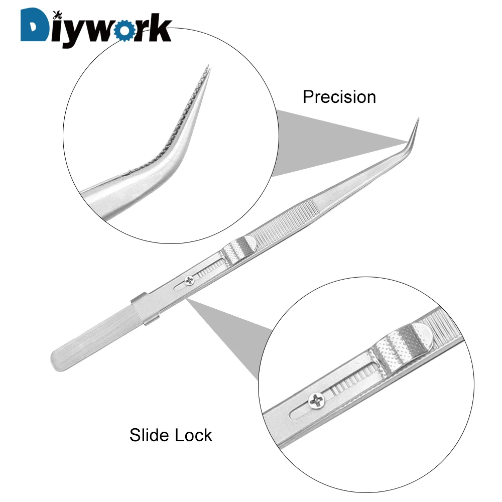 

DIYWORK Anti Static Presicion Curved Tip Slide Lock Adjustable Tweezers for Jewelry Electronic Stainless Steel Tweezers