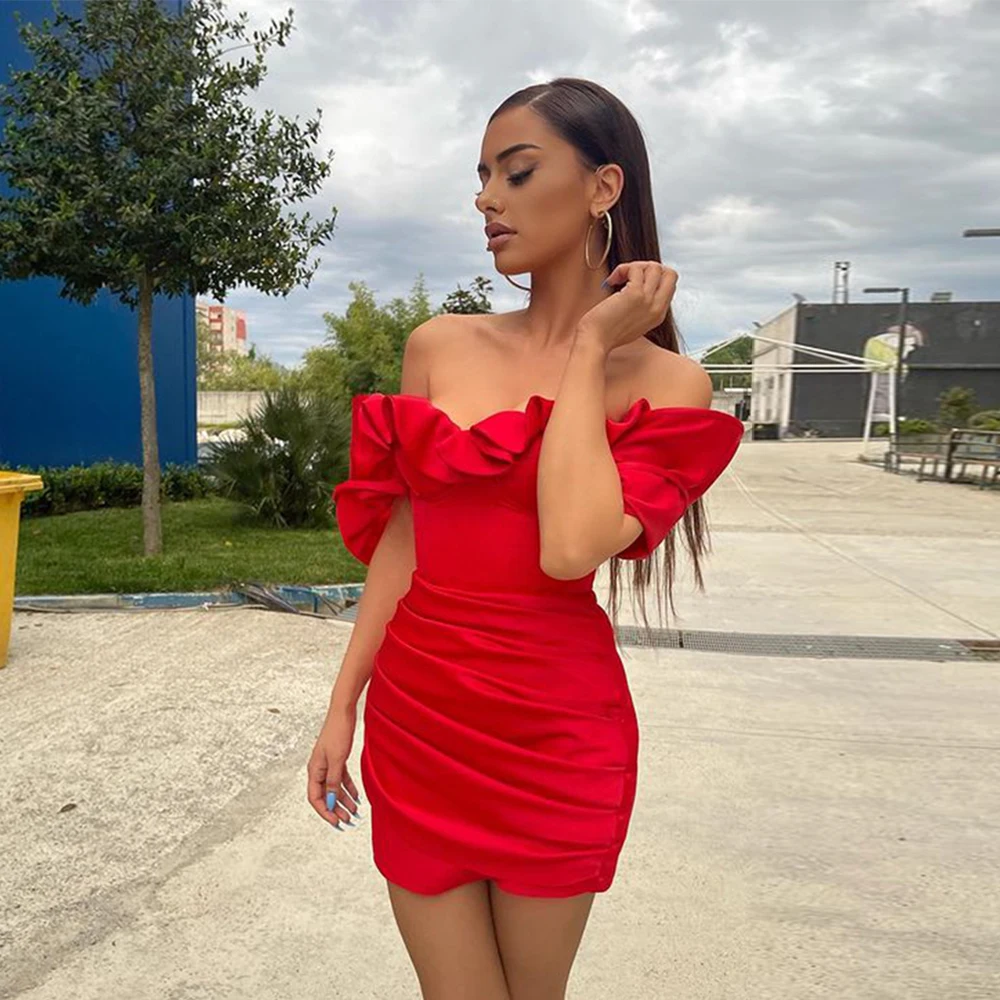 

Fivsloe Off the Shoulder Cocktail Dresses Short Sleeves Puffy Pleats Mini Sexy Party Gowns Above Knee Satin Prom Dress 2021