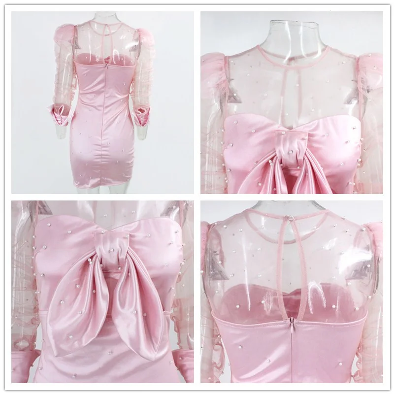 

Pearl Mesh Patchwork Sexy Dress Women Pink Hollow Out Bow Party Dresses Club Elegant Mini Summer Dress Vestidos