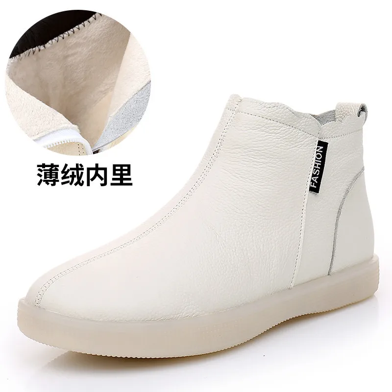 

2021 Ankle Boots Genuine Leather Cow Women Ankle Boots Warm Wool Motorcycle Slip on Super Comfortable Booties Winter Shoes White