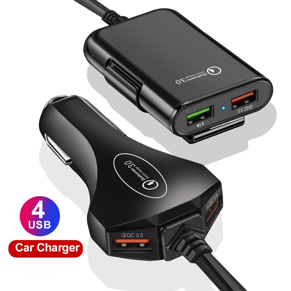 Быстрая зарядка 3 0 Автомобильное зарядное устройство 4 порта USB с 5.6ft удлинитель