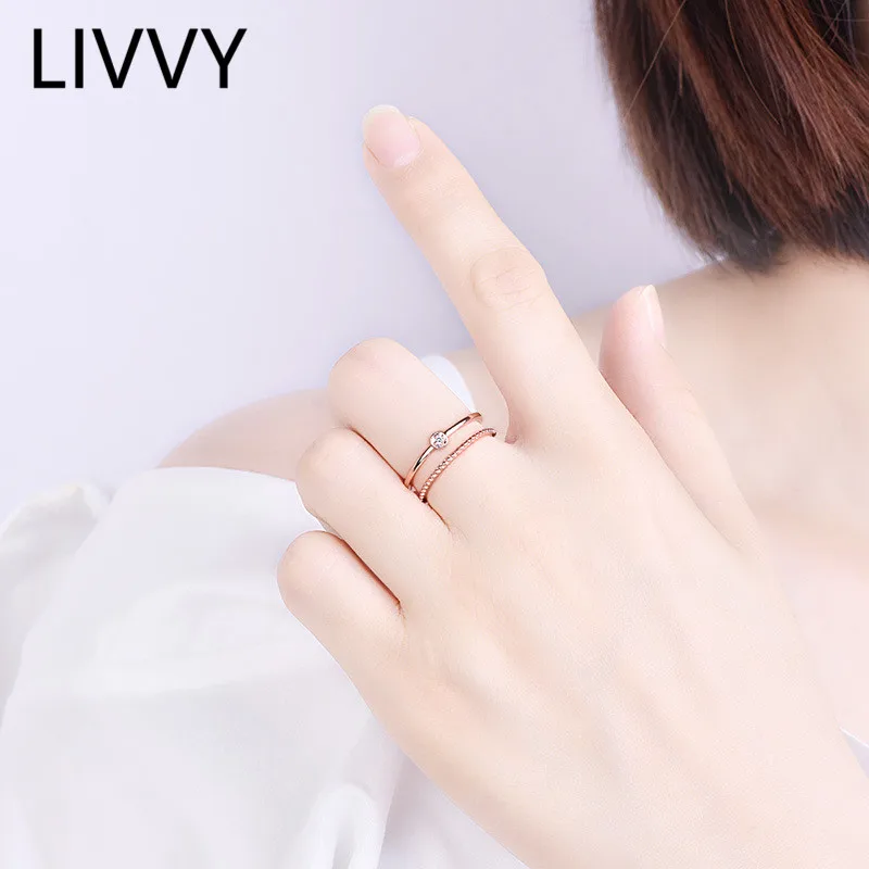 

LIVVY Silver Color Fashion Double Layer Smooth Dots Zircon Ring Female Minimalist Design Geometric Open Ring Gorgeous Gift