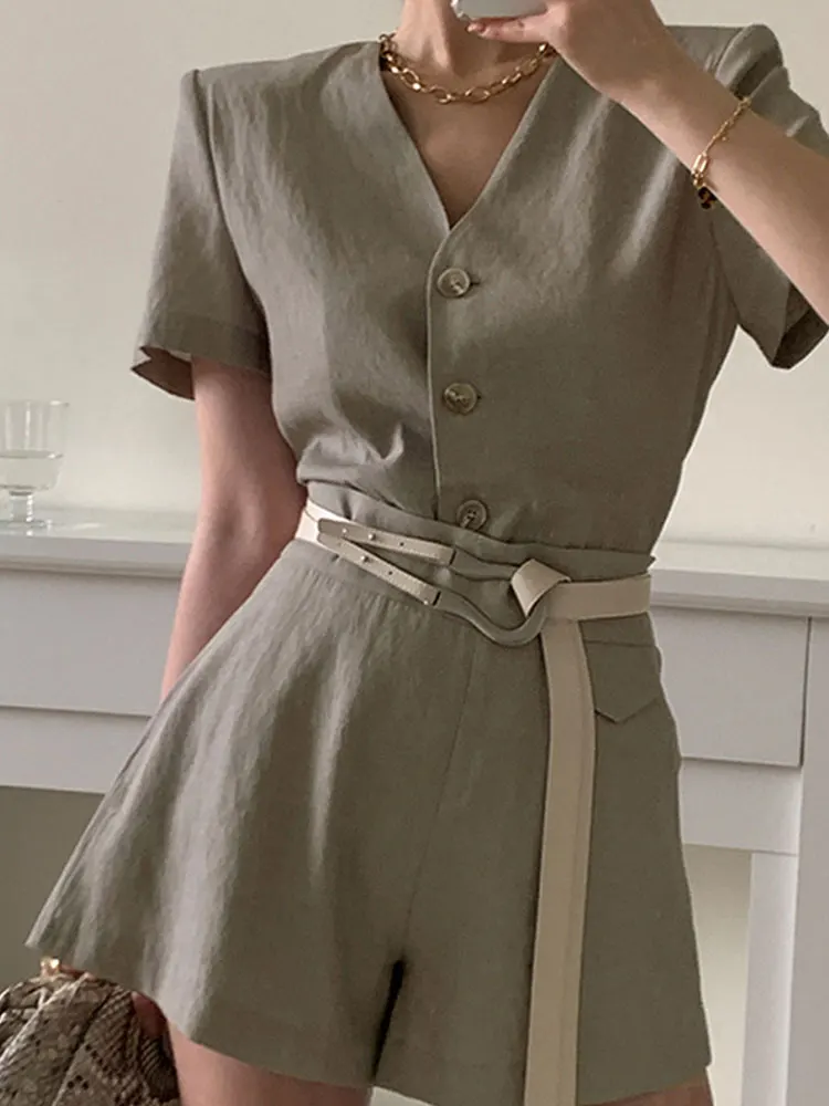 

Restore ancient ways round collar single-breasted jacket shorts two-piece match belt