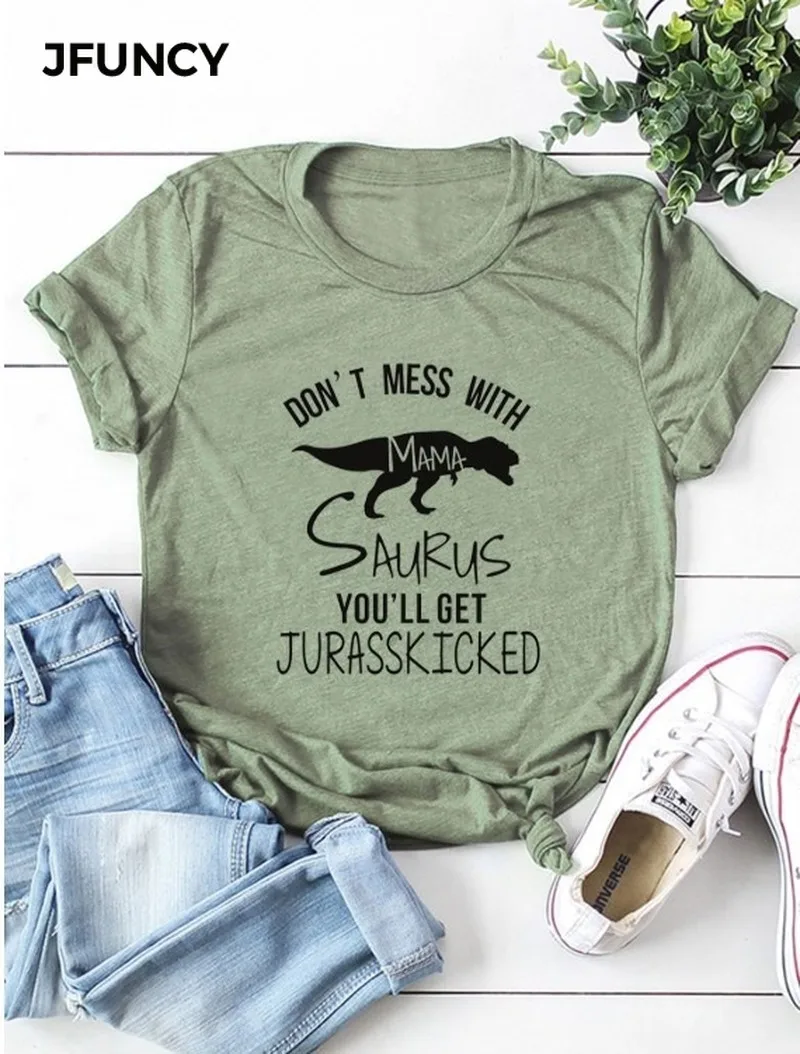 JFUNCY Don't Mess with Mama Saurus You'll Get Jurasskic Ked Mom Shirt Funny Graphic Women Tshirt Cotton Short Sleeve Top Tees