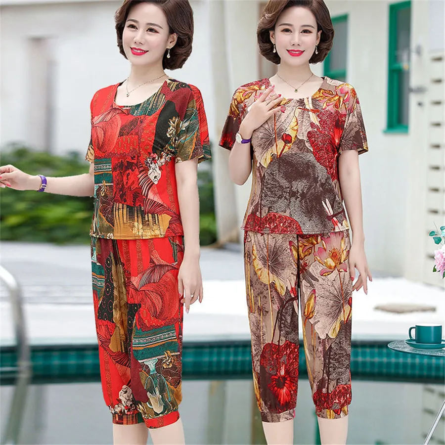 

Middle-aged Women Ice Silk 2 Piece Set Summer Clothing Short Sleeve Print Tops and Pants Suits Plus Size 4XL Two-piece 2021