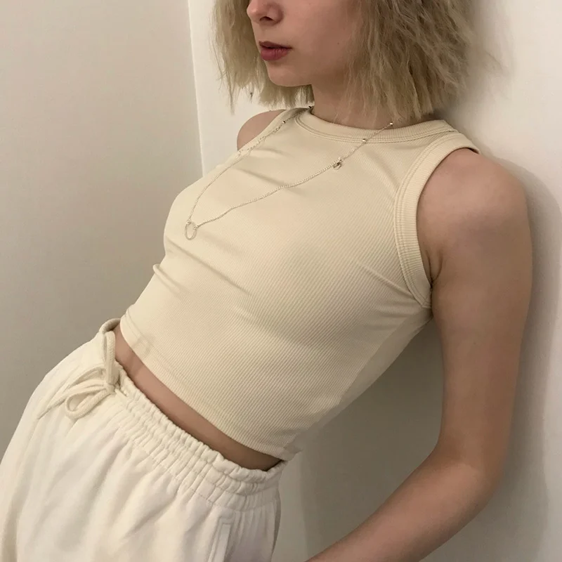 

Summer Tank Tops Sexy Crop Vest Solid Harajuku Korean Solid Short Vests Female Off Shoulder Knitted Khaki White Black Women Tops