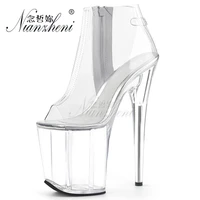 stripper style clear crystal low tube short boots 15cm super stiletto heels 8 inches zipper nightclub pole dancing sexy fetish