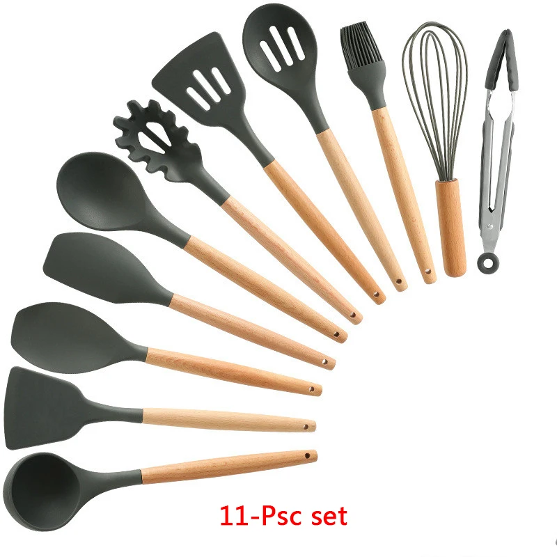 11-Pcs kitchen set 11-13 шт Силиконовая кухонная утварь набор кухонной утвари антипригарный шпатель Премиум деревянная ручка с ящиком для хранения кухонные инструменты - Цвет: 11-Pcs kitchen set