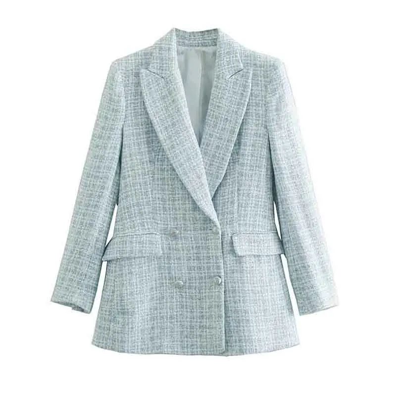 

2021 Spring Women's Blazer Stylish Double-Breasted Retro Suit Breasted Pockets Coat Female Casual Outerwear Light Blue Jacket