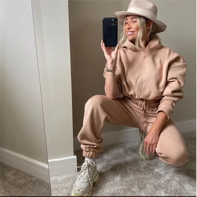 Women Sports 2 PCS Set Sweatshirts Holiday suit female Hoodies Pants  Home Sweatpants Trousers Outfits Solid Casual Tracksuit