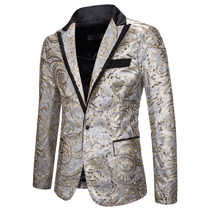 Luxury Glitter Blazer Men Fashion Golden Silver Sequin Single Button Blazer Hombre Nightclub Stage Slim Fit Mens Christmas Suit
