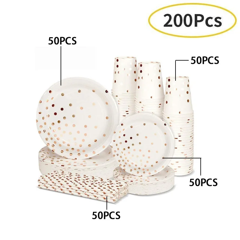 200pcs Rose gold set 200 шт одноразовые столовые приборы в Золотой горошек, набор для свадебной вечеринки, бумажные тарелки и стаканы из золотой металлической фольги, обеденные тарелки, десертный поднос для кухни - Цвет: 200pcs Rose gold set