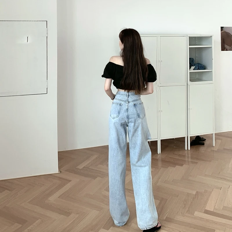 

Jeans Elegant Ripped Jeans Women's Spring 2021 New Hong Kong Style Loose Straight Pants High Waist Wide Leg Pants Trousers