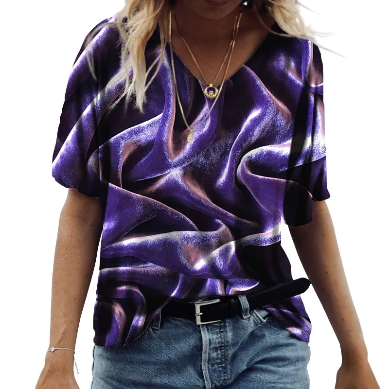 

Summer Loose All-match Ladies 3D T-shirt Women Fashion Trend V-neck Short Sleeve T-shirts Top Casual Floral Print Pullover Tops