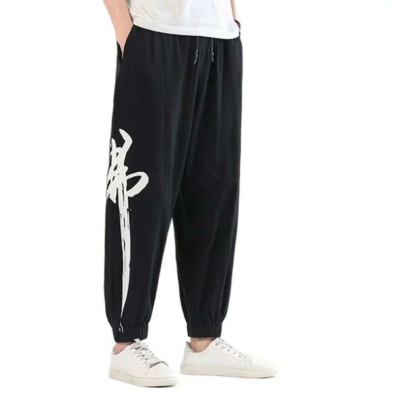 

Брюки мужские из хлопка и льна, свободные длинные штаны с эластичным поясом, дышащие повседневные штаны в стиле хип-хоп, V2111