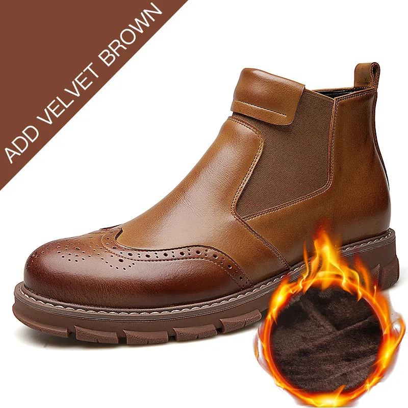 brown plus velvet FZNYL/мужские теплые ботинки martin; зимняя обувь в стиле ретро из натуральной кожи; бархатные оксфорды; Мужская дышащая повседневная обувь, увеличивающая рост - Цвет: brown plus velvet