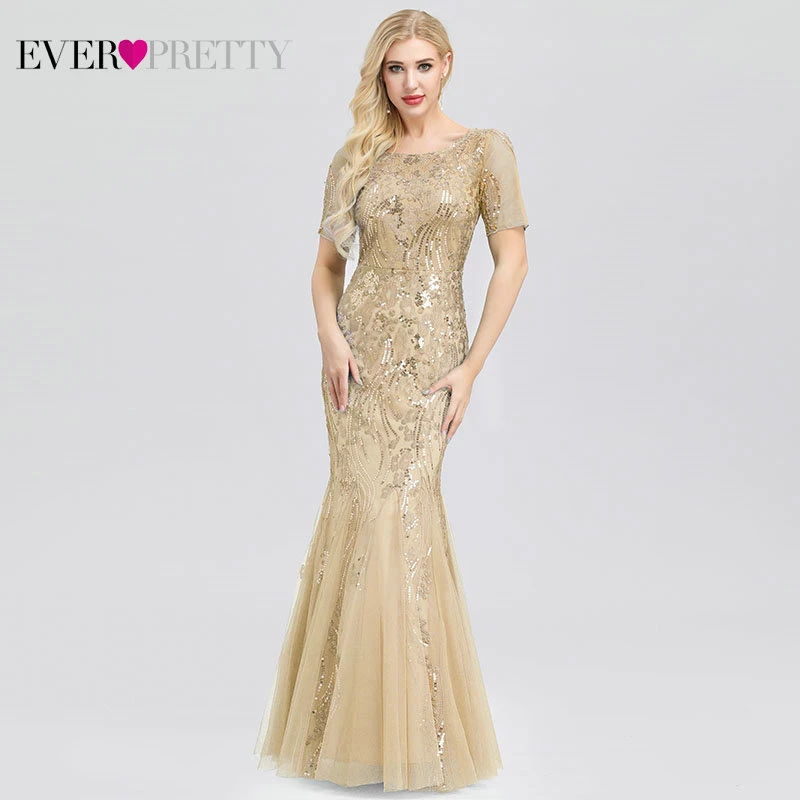 EZ07705GD Формальные Вечерние платья Ever Pretty Новые Русалка o-образным вырезом с коротким рукавом Кружева Аппликации Тюль Длинные вечерние платья халат Soiree сексуальный - Цвет: EZ07705GD