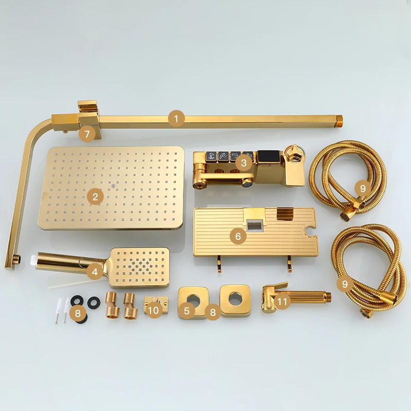 Золотая дождевая Душевая система для ванной комнаты цифровой термостатический