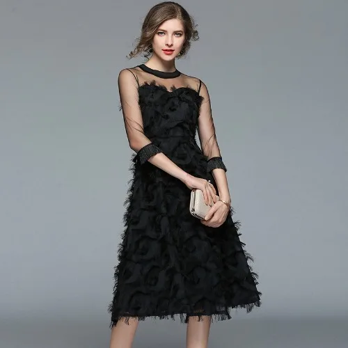 

Uguest Women Black Tassels Feather Dress Mesh Lace O-neck Three Quarter Petal Sleeve Vintage A-line Spring Party Formal Dresses