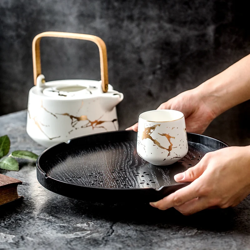 Деревянный поднос для чая черный круглый кофе и завтрака китайского деревянная