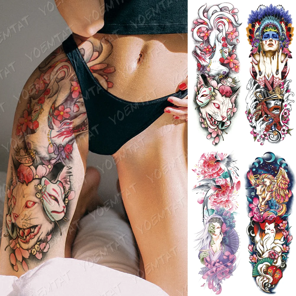 

Large Arm Sleeve Tattoo Ninetales Sakura Cat Demon Waterproof Temporary Tatto Sticker Japanese Body Art Full Fake Tatoo Women