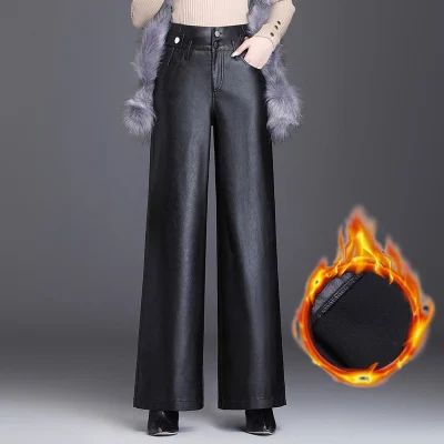 Winter Thick Black Lxmth широкие кожаные брюки женские свободные черные Большие размеры длинные брюки из искусственной кожи Женские повседневные офисные формальные брюки - Цвет: Winter Thick Black