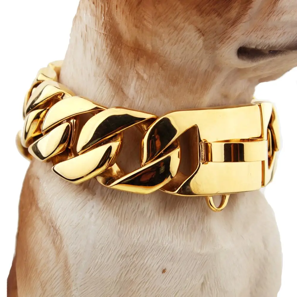 

32MM Big Breeds High-quality Gold Color Pet Dog Cuban Link Chain Necklace Strong 316L Stainless Steel Metal Links Chain Training