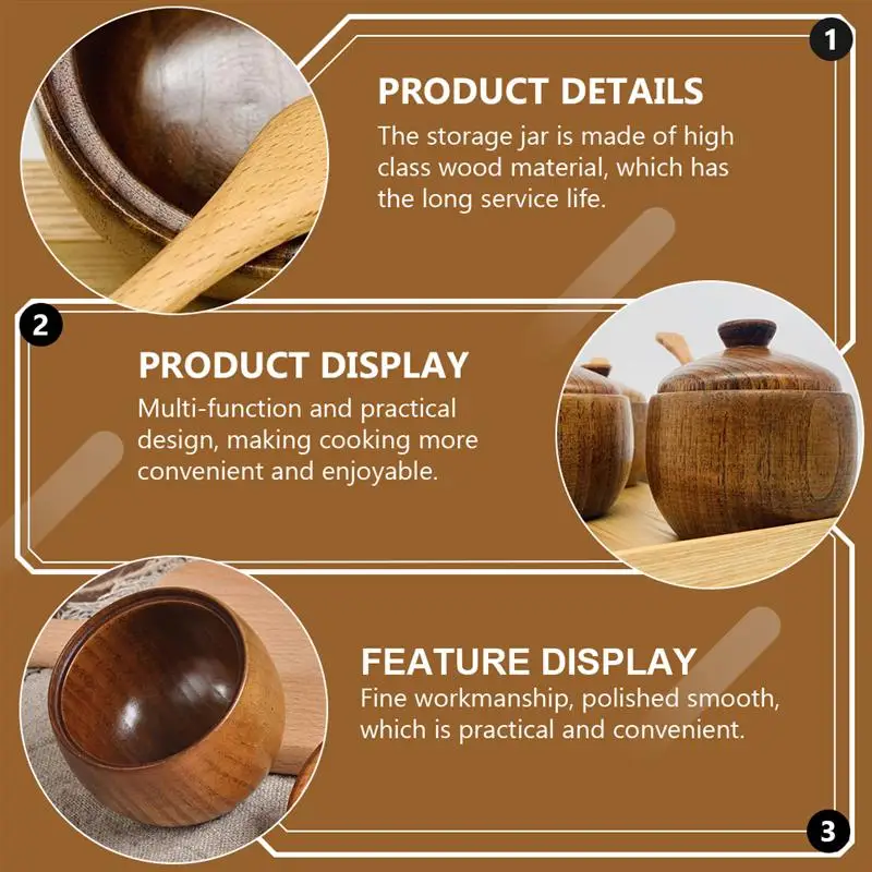 

Creative Wood Spice Jar with Spoon Seasoning Pot Salt Pepper Storage Jar