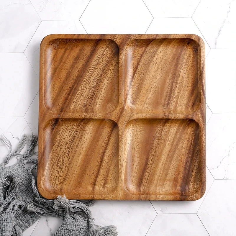 

Grid Serving Tray Acacia Wooden Salad Snack Plates Pan Appetizer Fruit Dessert Platter Dish Plates Storage Wooden Jewelry Trays