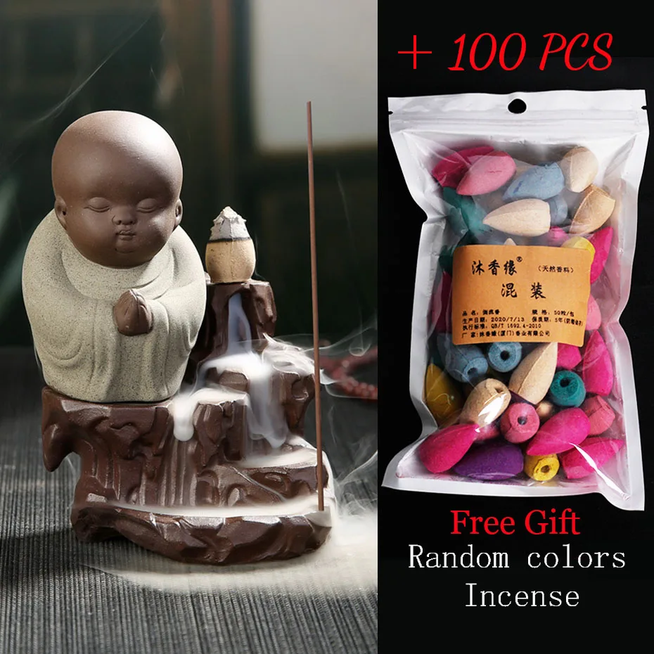 

Incense Burner The Little Monk Small Buddha Backflow Burner+100Pc Incense Cones Holder Waterfall Zen Censer Aroma Lamp Home