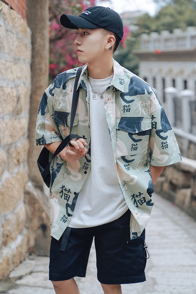

iiDossan 2020 Fashion Shirts Men Summer Short Sleeve Clothes Cat Printed Shirt Women Streetwear Tops Loose Hawaiian Funny Shirts
