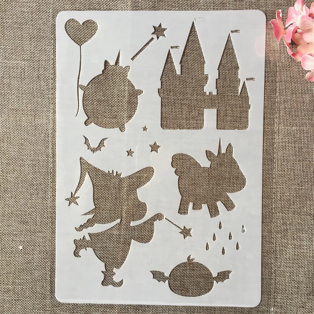 

1Pcs A4 29cm Unicorn Castle Magic DIY Layering Stencils Wall Painting Scrapbook Coloring Embossing Album Decorative Template