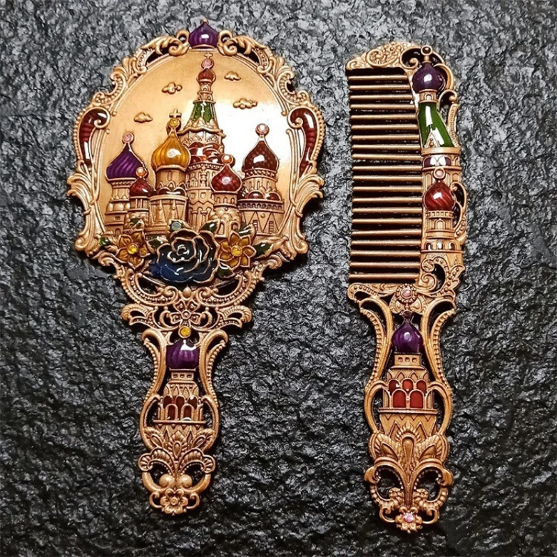

Women's Vintage Castle Portable Cosmetic Mirror Russian Style Handle Mirror Set with Comb