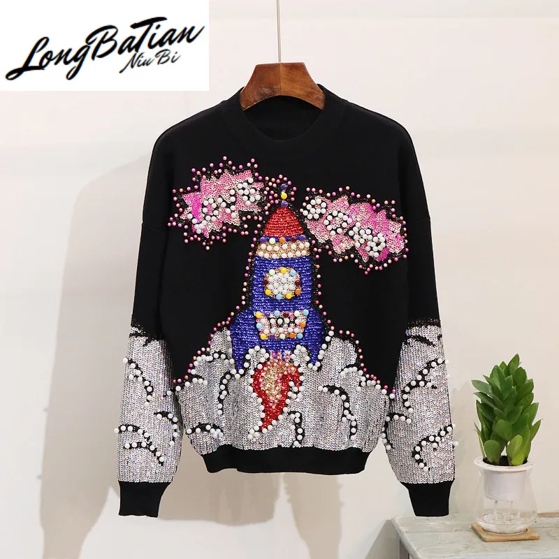 

Set Autumn Winter Sequin Beading Knitted Sweater Women Suit Pullover Pants Female Casual Trousers Two piece Sets Tracksuit