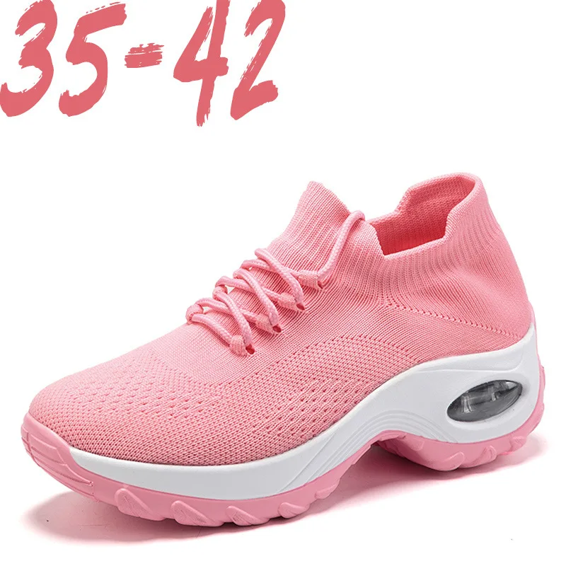 

2021 Spring Women's Thick Soles Socks Lightweight Flywire White Casual Sneakers Outdoor Sports Running Shoes Air Cushion Lace Up