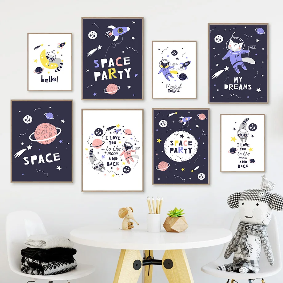 

Planet Rocket Raccoon Fox Astronaut Space Wall Art Canvas Painting Nordic Posters And Prints Wall Pictures Baby Kids Room Decor