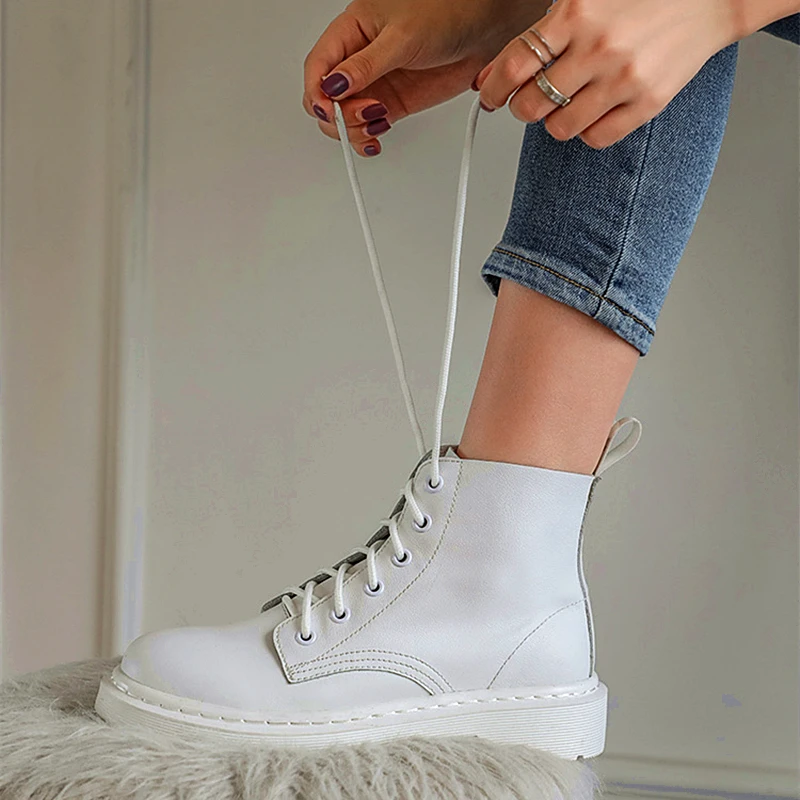 

Fashion Solid White Women Ankle Boots Autumn Winter Split Leather Platform Shoes Female Non-Slip Punk Ladies Motorcycle Boots