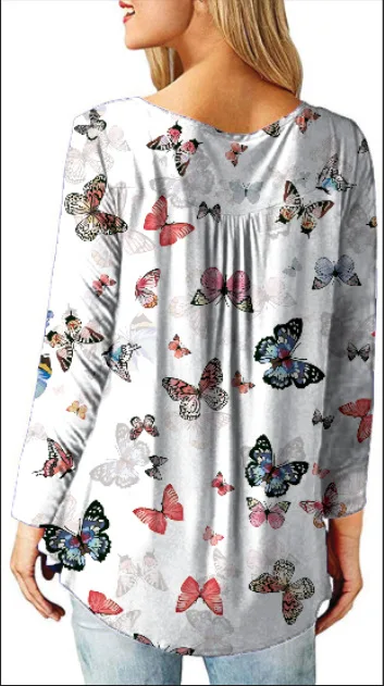 

Autumn Women's Tops Flower Printed V-neck Long Sleeve Bottoming Shirt Loose T-shirt